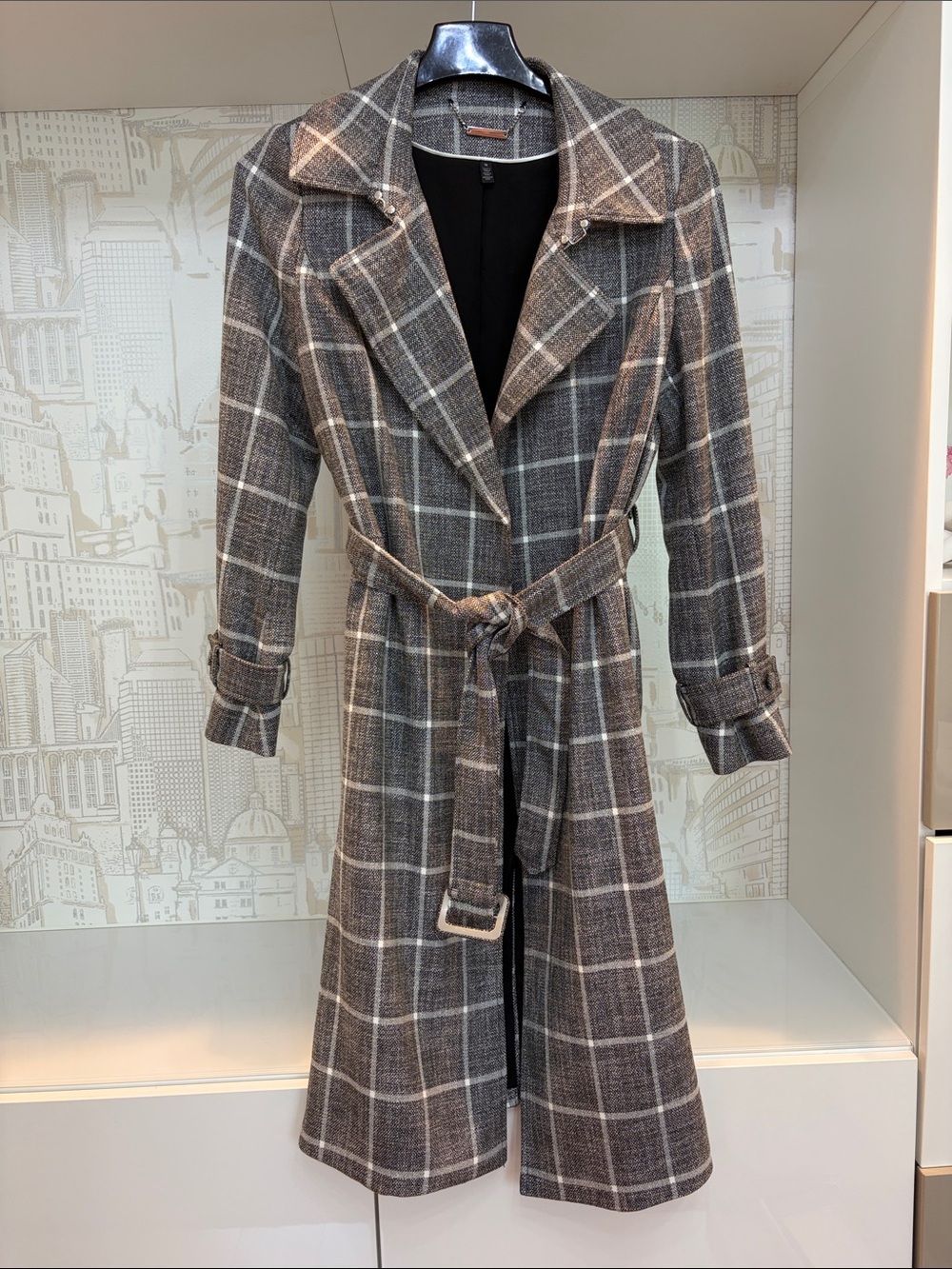 White House Black Market Gray Plaid Belted Trench Coat